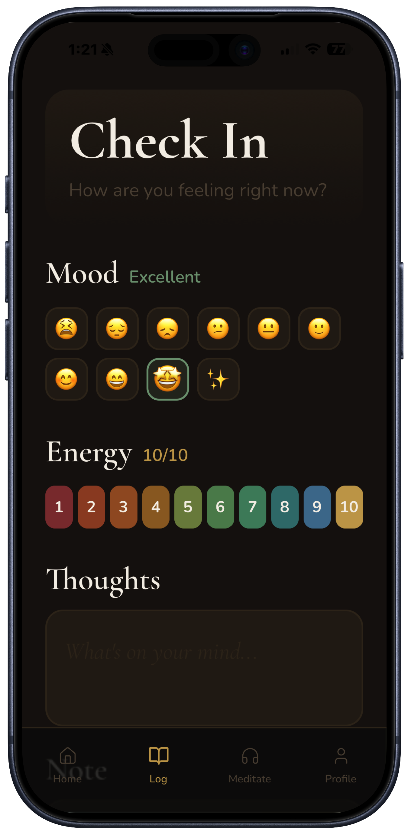 Mood Check In screen
